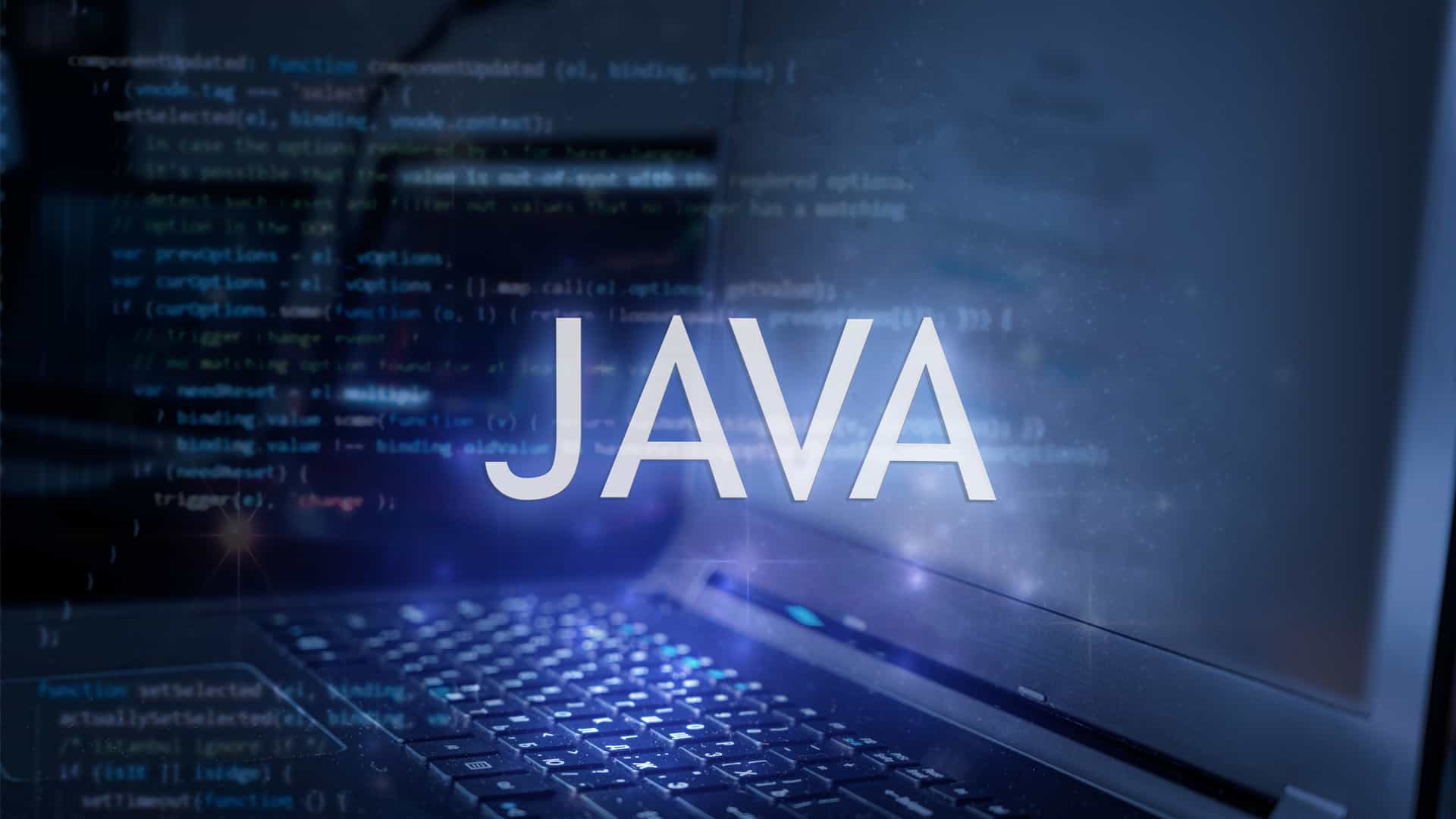 The word JAVA floating in front of a computer screen